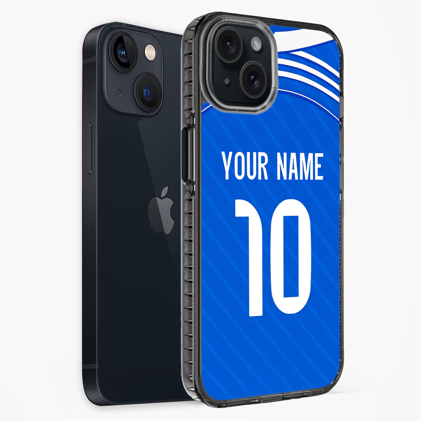 Phone case with blue design, customizable text, and black side view on white background
