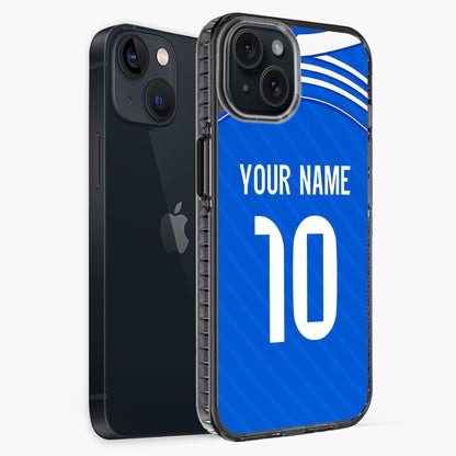Phone case with blue design, customizable text, and black side view on white background