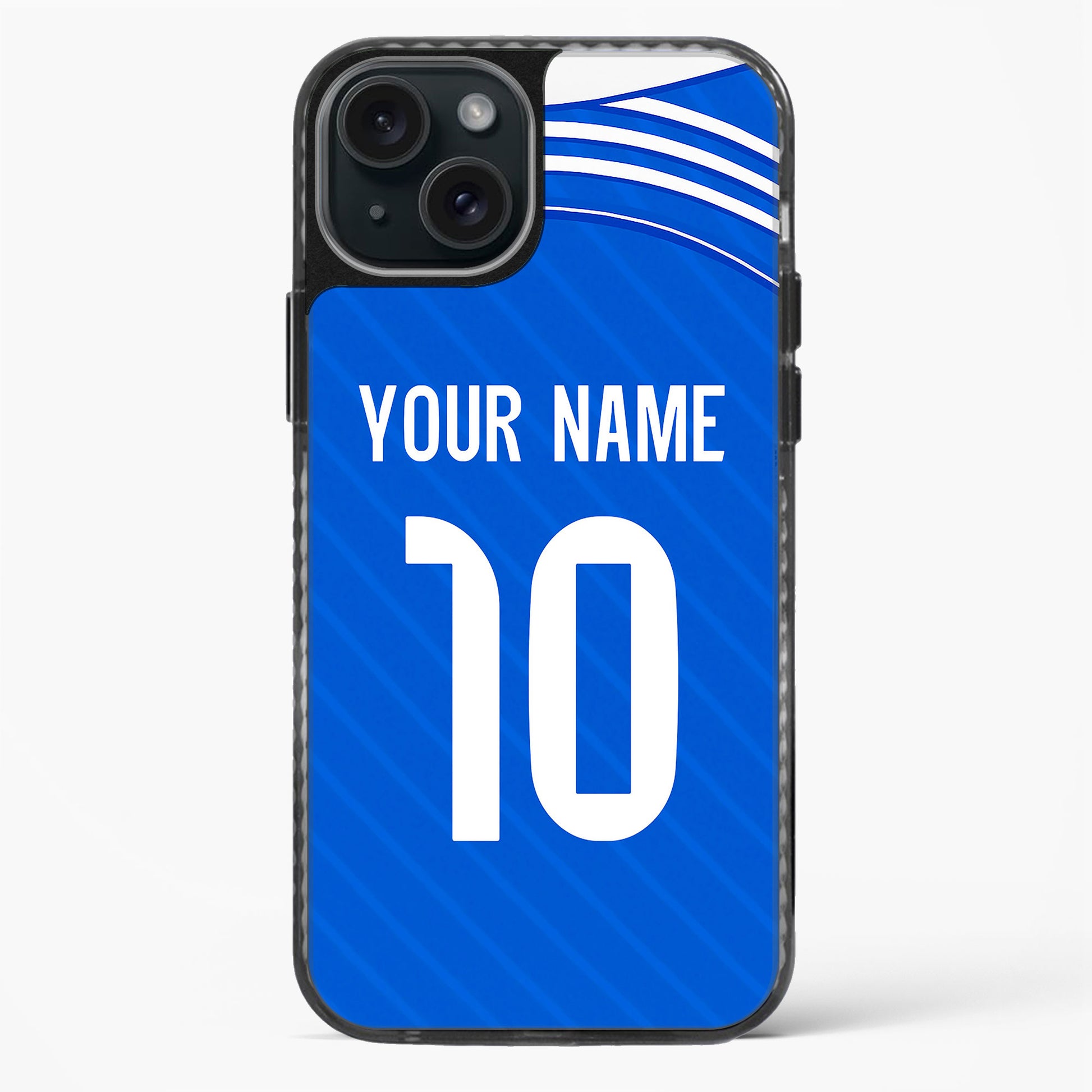 Blue phone case with white text and number, customizable with 'YOUR NAME' and '10'.