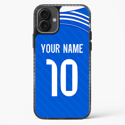 Blue phone case with white text and number, featuring a sports team logo.