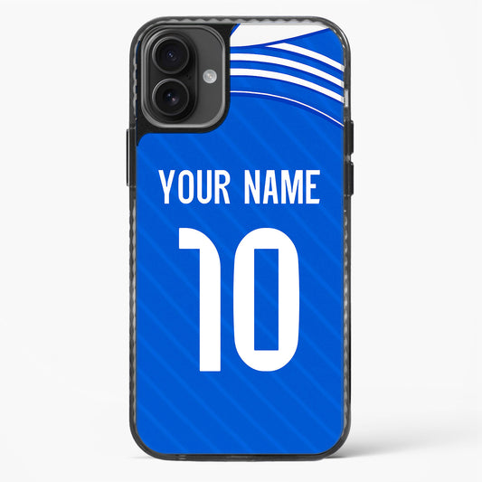 Blue phone case with white text and number, featuring a sports team logo.