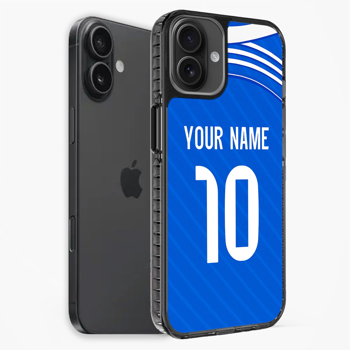 Phone case with blue background, white text, and black sides