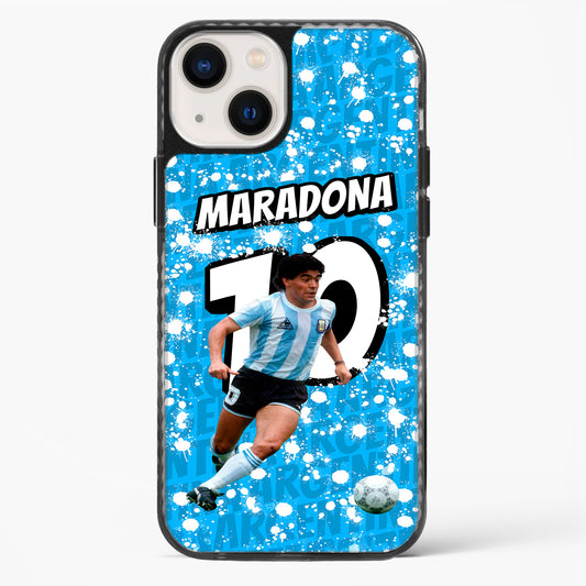 Phone case with soccer player in Argentina jersey and 'Maradona 10' text on blue splatter background
