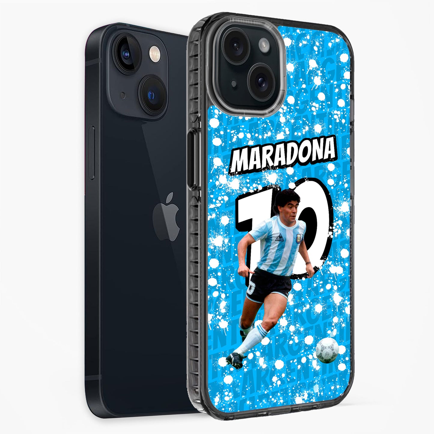 Phone case with soccer player and 'Maradona' text on a blue background