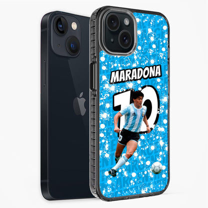 Phone case with soccer player and 'Maradona' text on a blue background