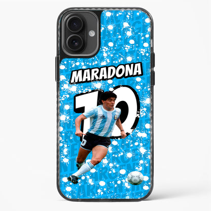 Phone case with a soccer player and 'Maradona 10' design on a blue splatter background