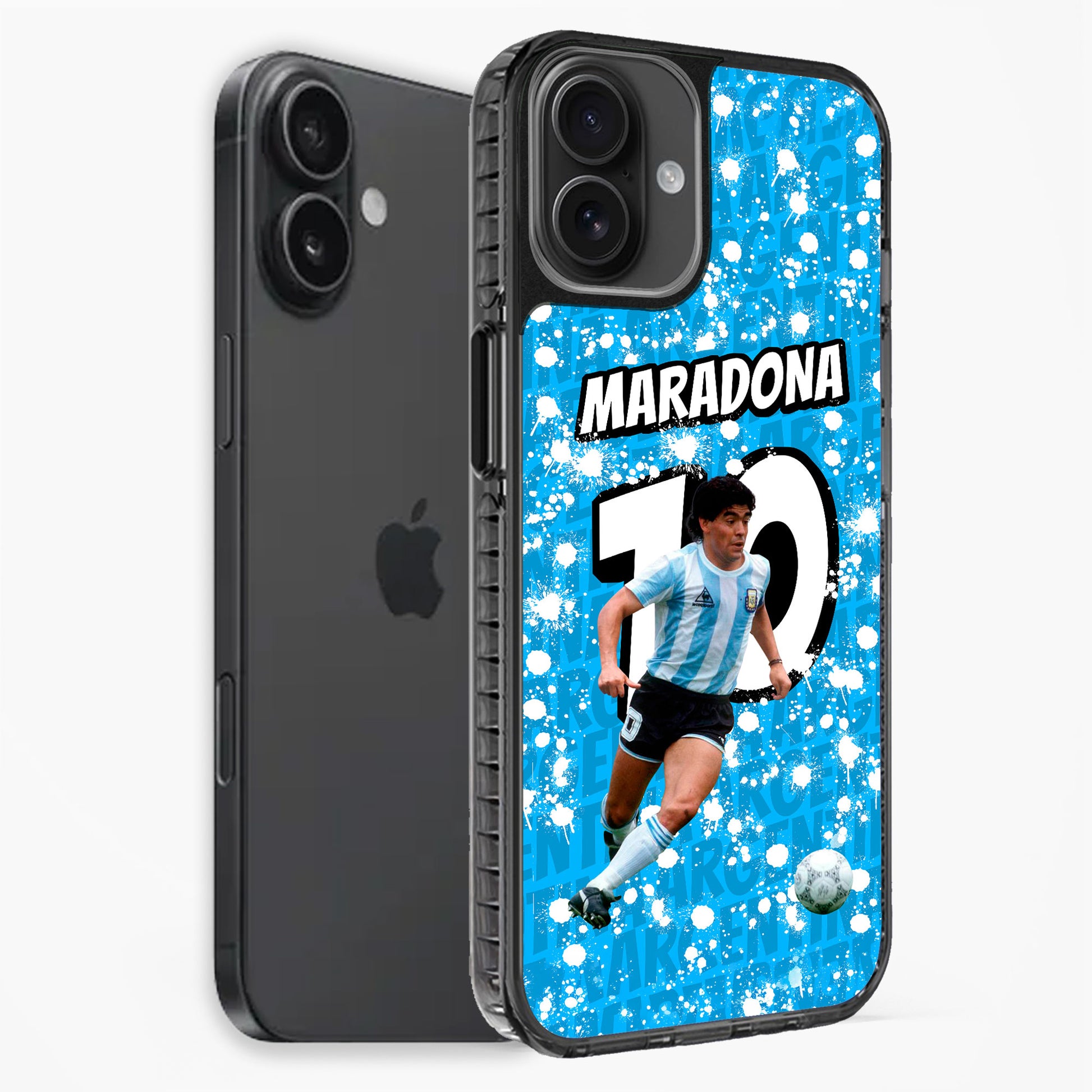 Phone case with soccer player design and 'Maradona' text on a blue background