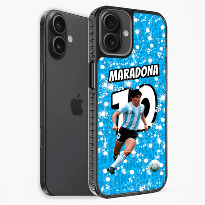 Phone case with soccer player design and 'Maradona' text on a blue background
