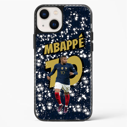 Phone case with a soccer player in a blue jersey and 'MBAPè 10' text on a dark background