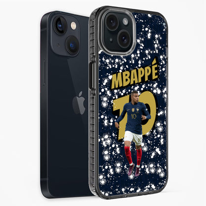 Phone case with a soccer player design and 'MBAPè' text on a dark background