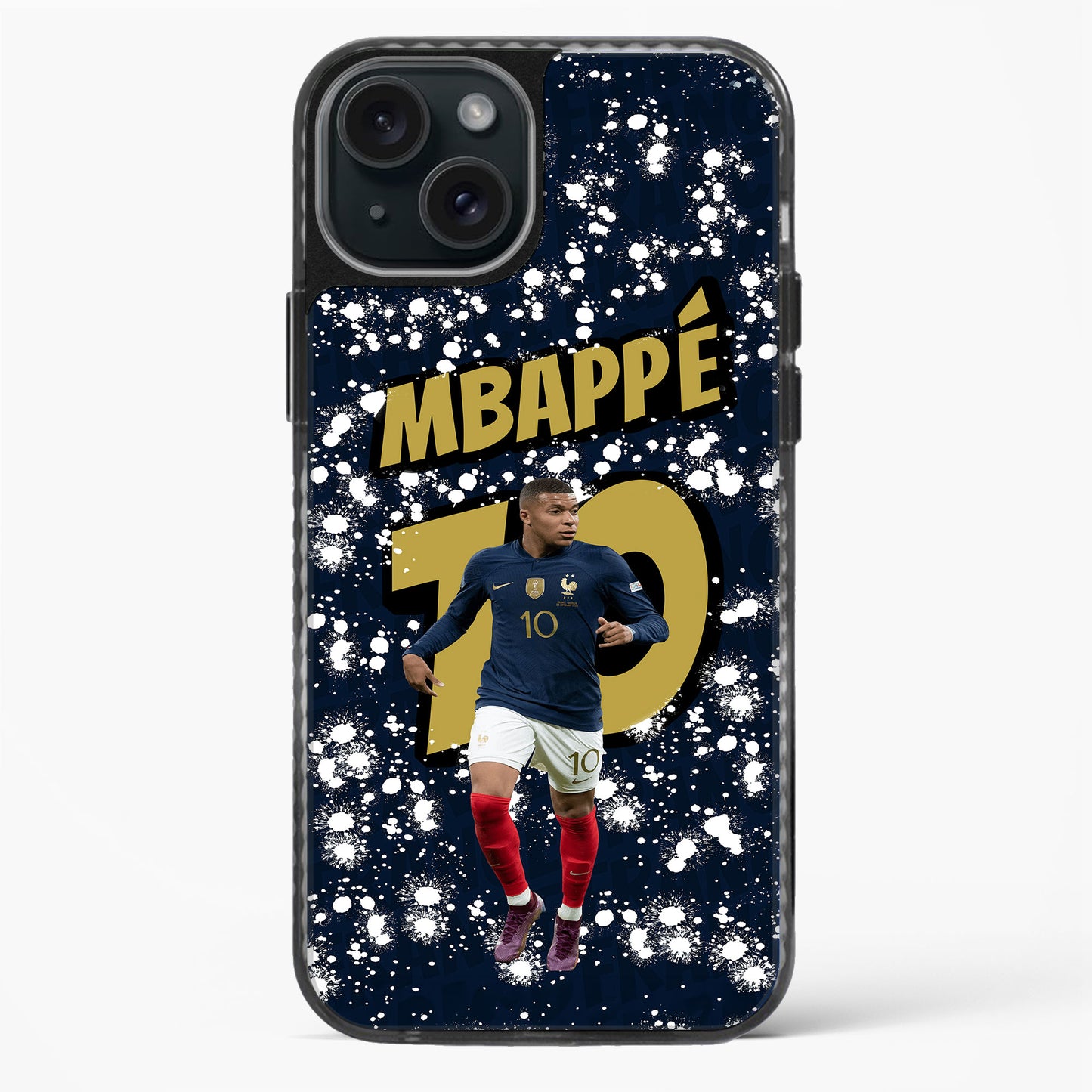 Phone case with a soccer player in a blue jersey and 'MBAPPE 10' text on a dark background