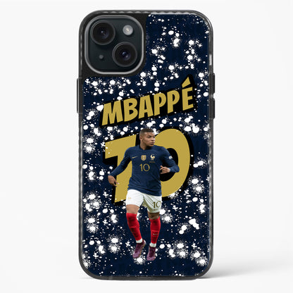 Phone case with a soccer player in a blue jersey and 'MBAPPE 10' text on a dark background