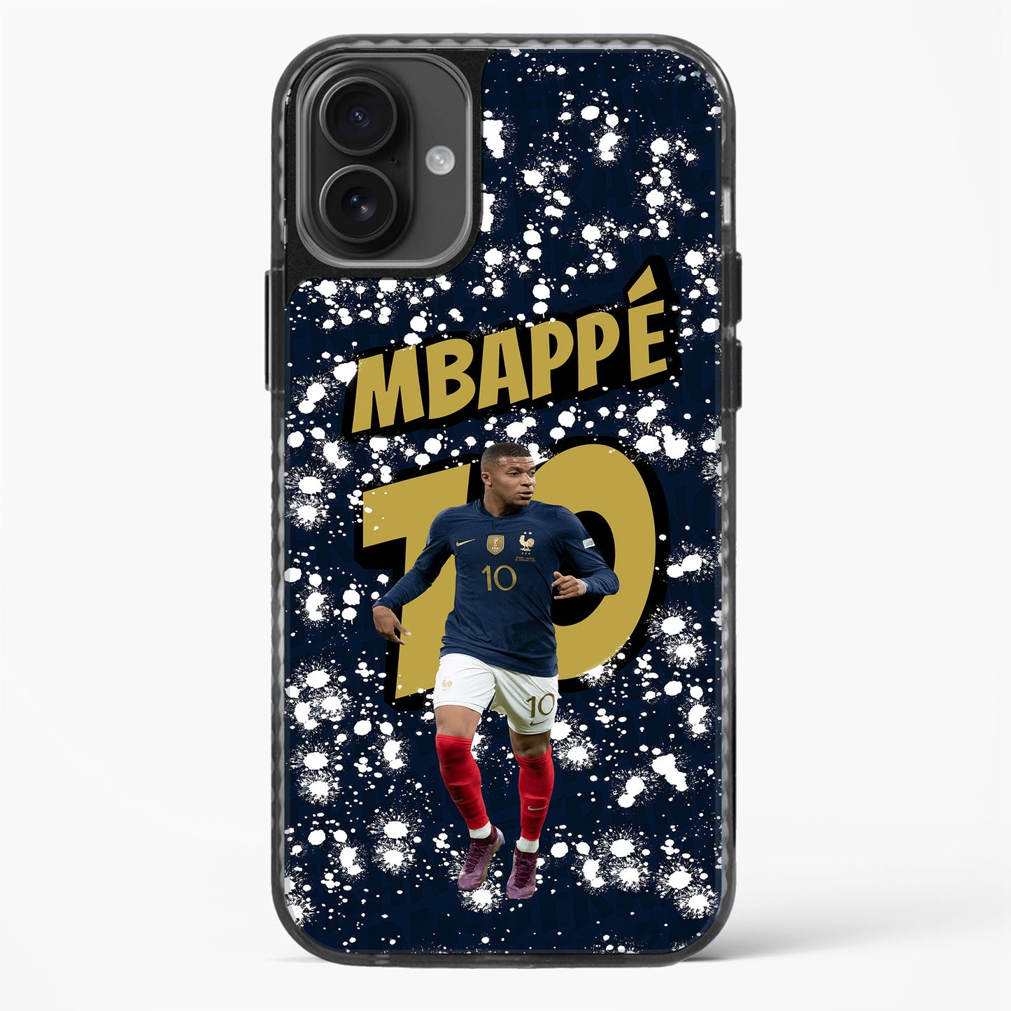 Phone case with a soccer player in a blue jersey and 'MBAPè 10' text on a dark background