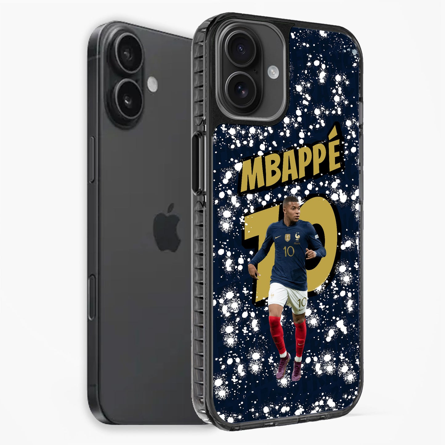 Phone case with a soccer player design and 'MBAPè' text on a dark background