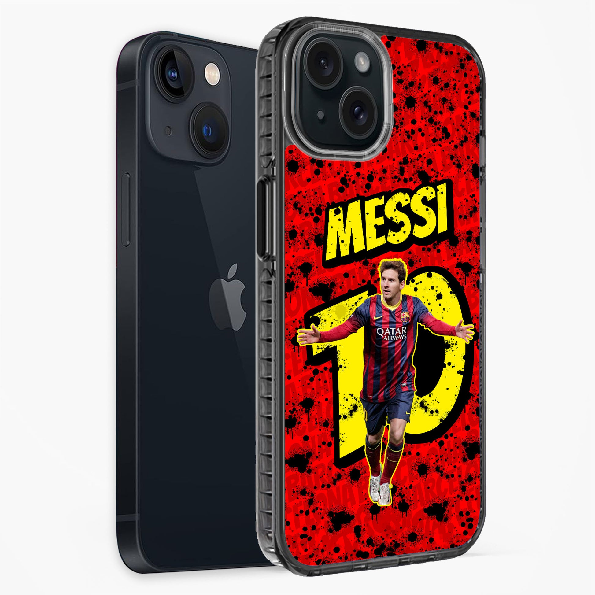 Phone case with Messi design on a red background