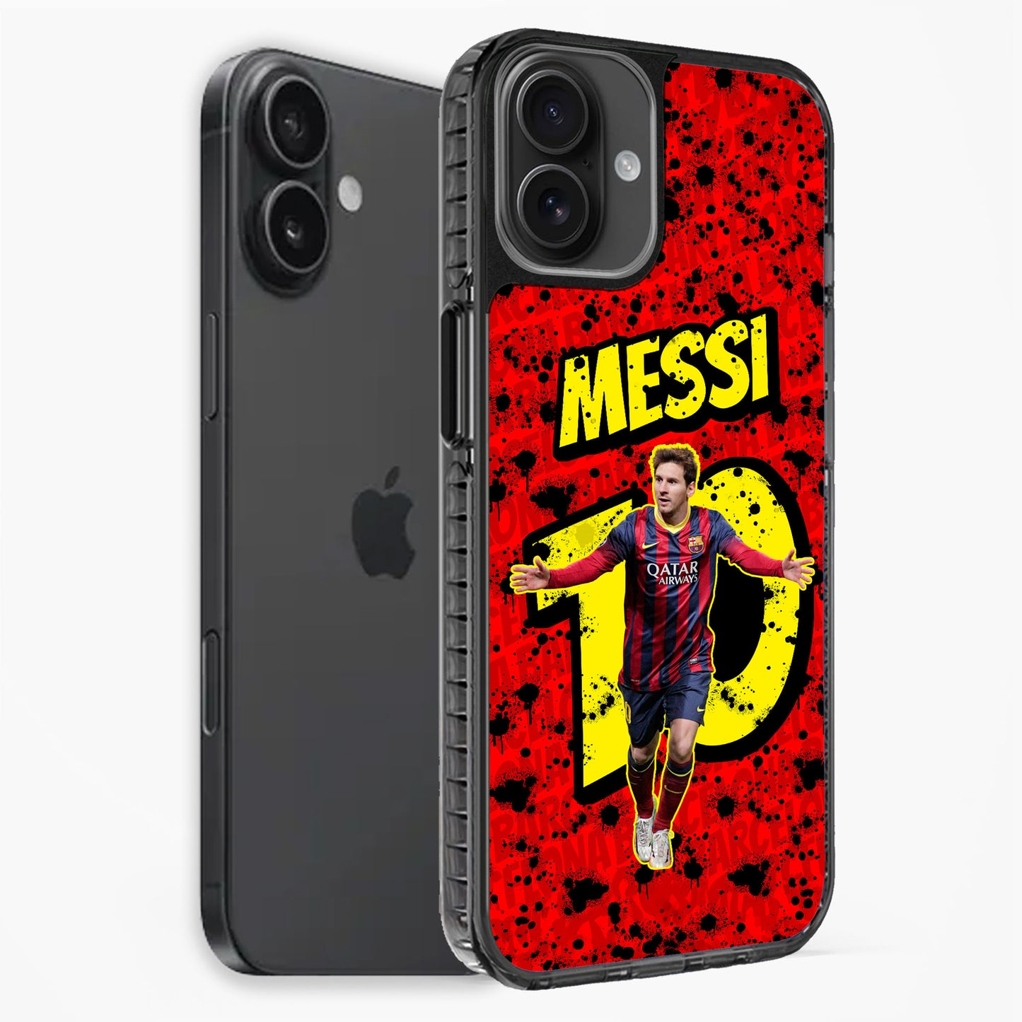 Phone case with Messi design on a red background
