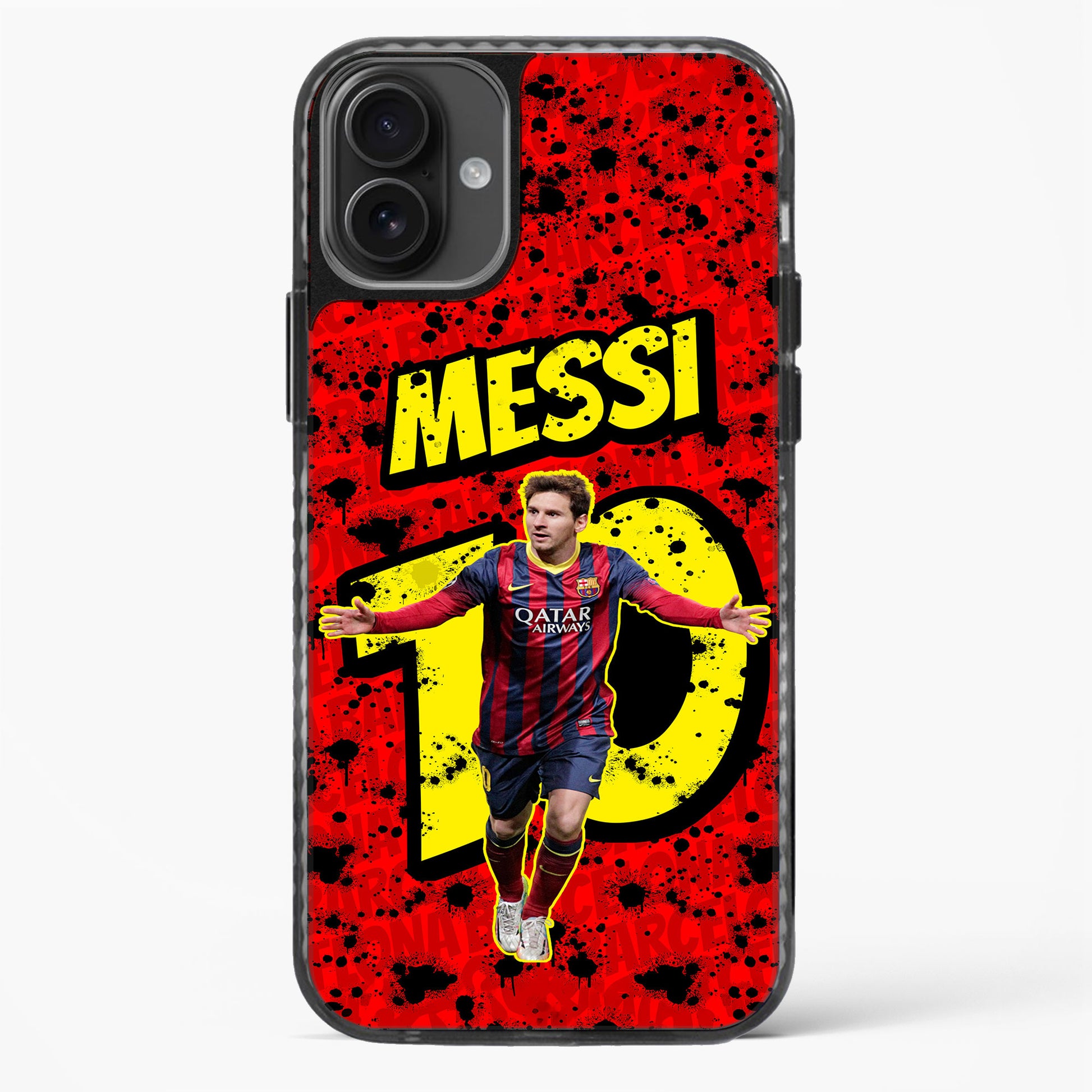Phone case with a soccer player in a red and blue jersey on a red background with 'Messi' and number '10'.