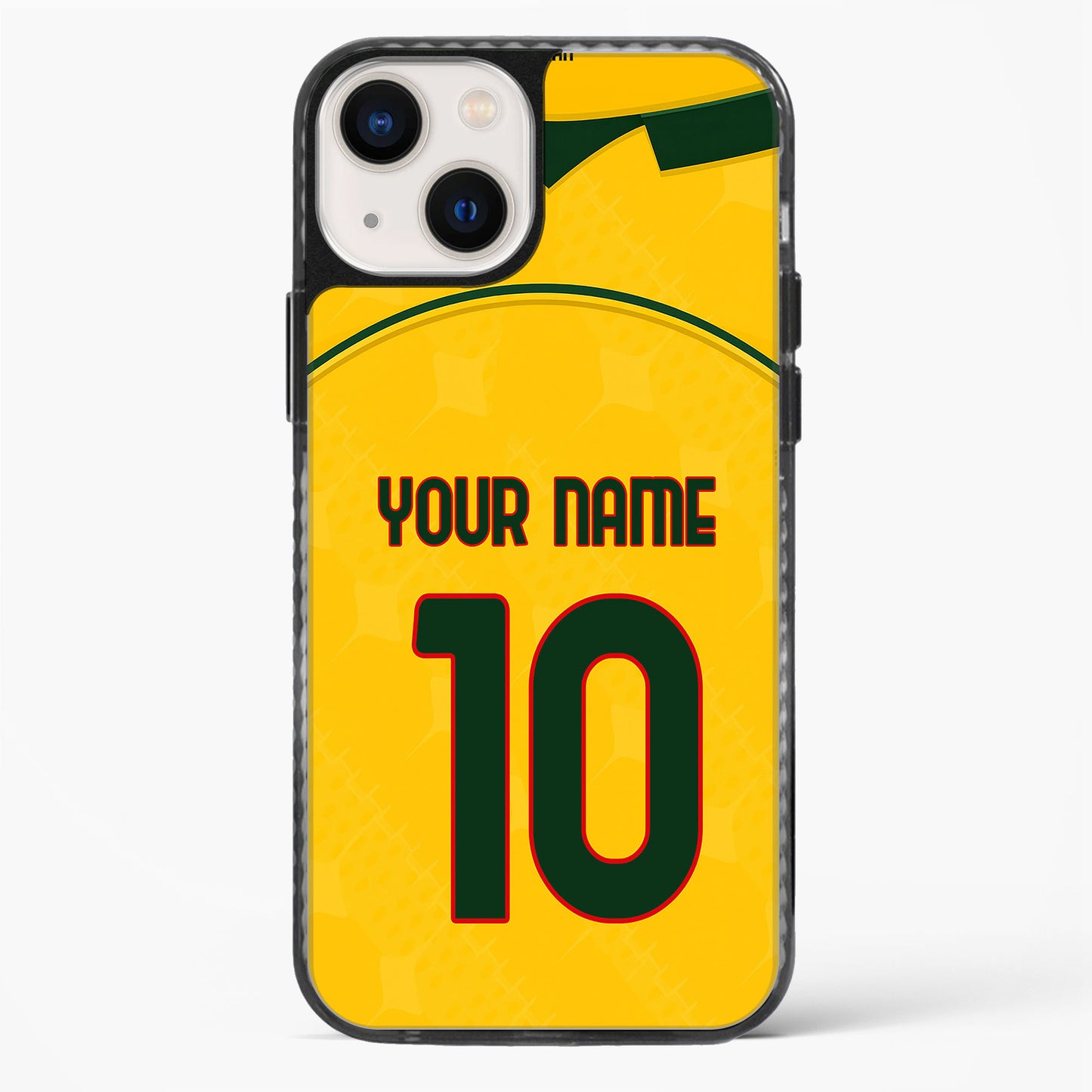 Phone case with yellow background, green accents, and customizable text area.