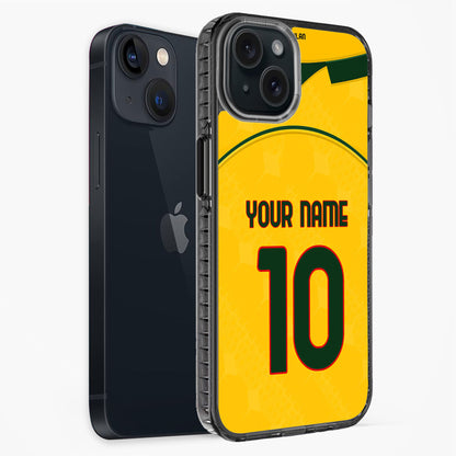 Phone case with a yellow design, number 10, and customizable text on a white background
