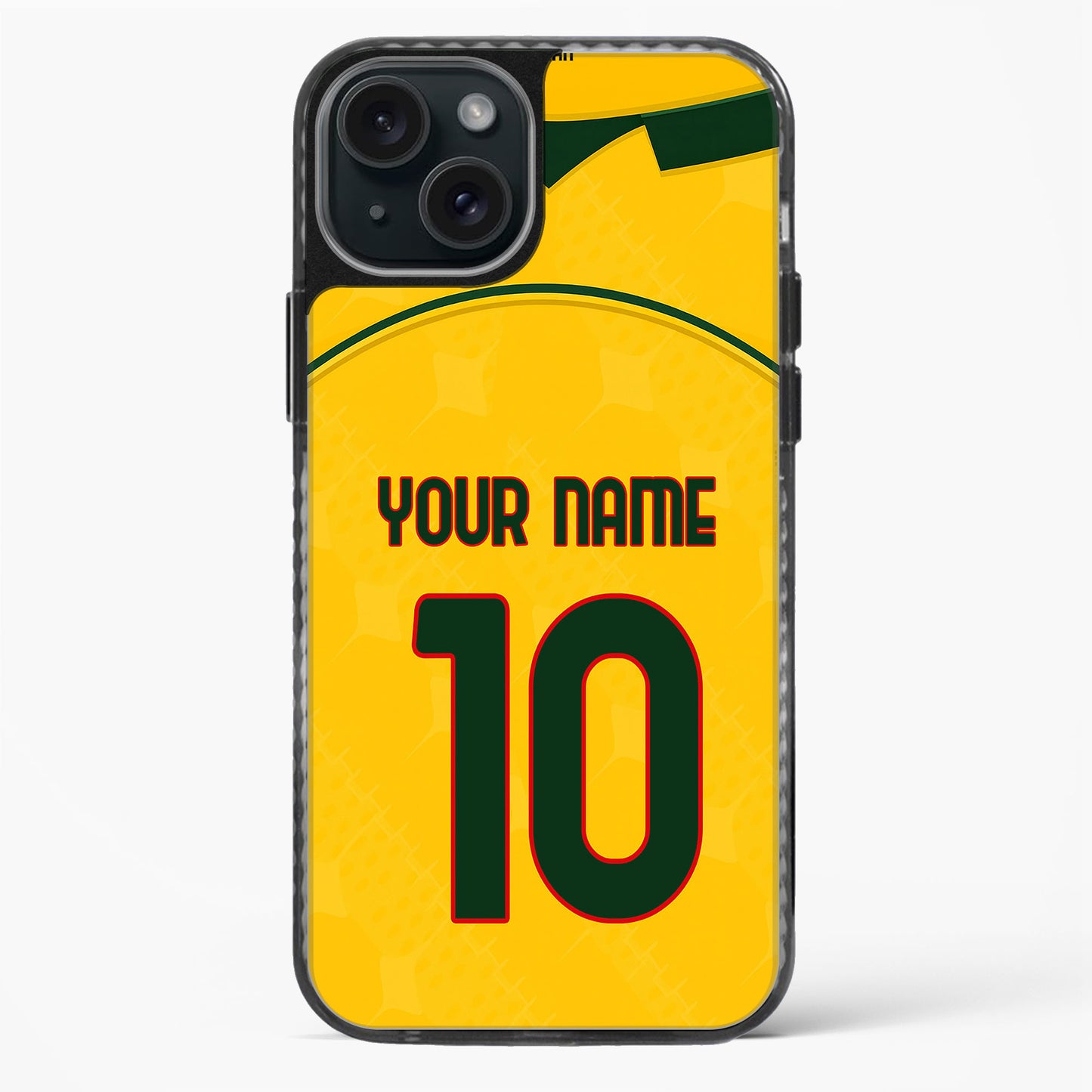Phone case with yellow background, green accents, and customizable text