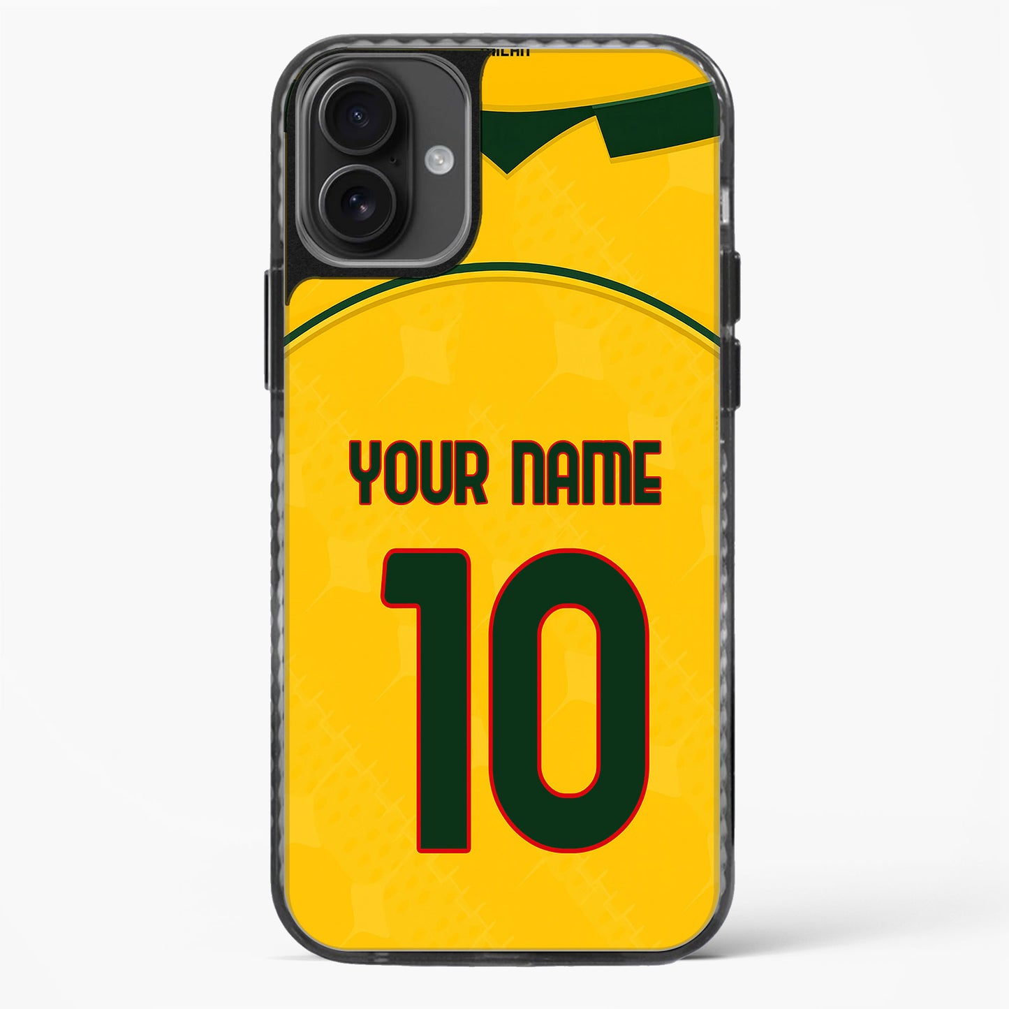 Phone case with yellow background, green accents, and customizable text on a white background