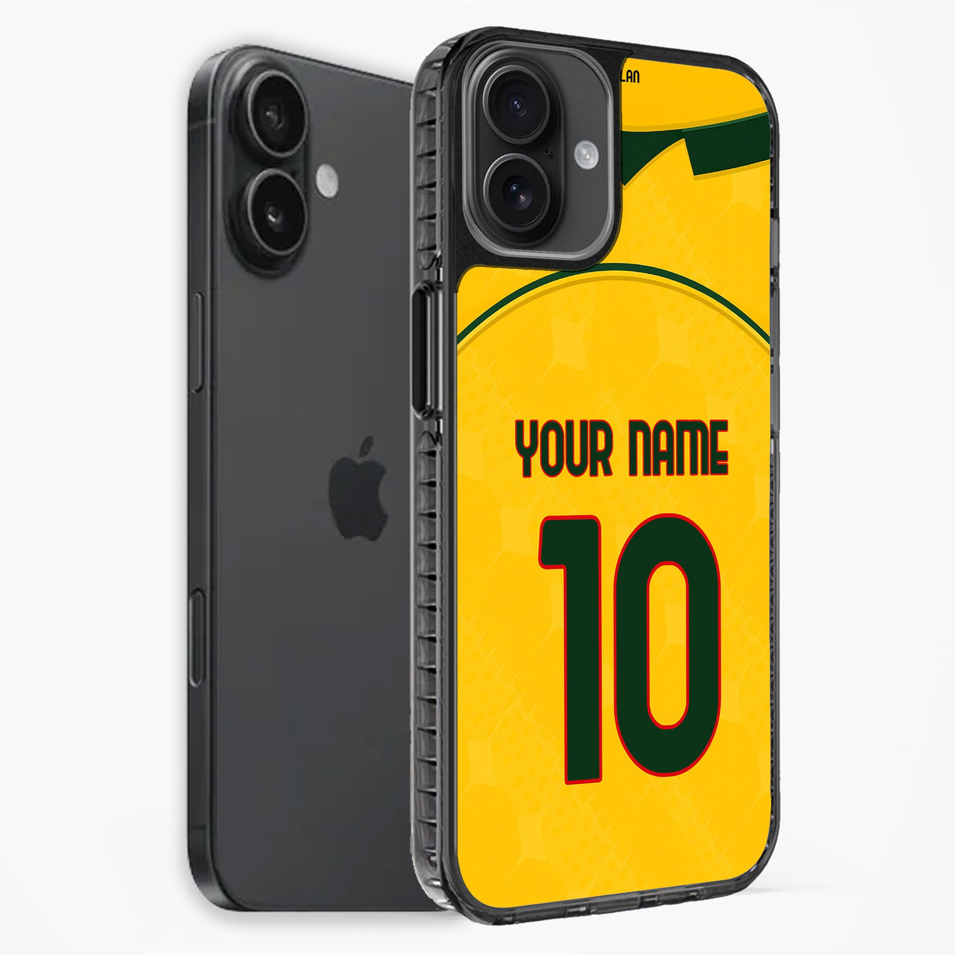 Phone case with a yellow and black design, featuring 'Your Name' and number '10', on a white background.