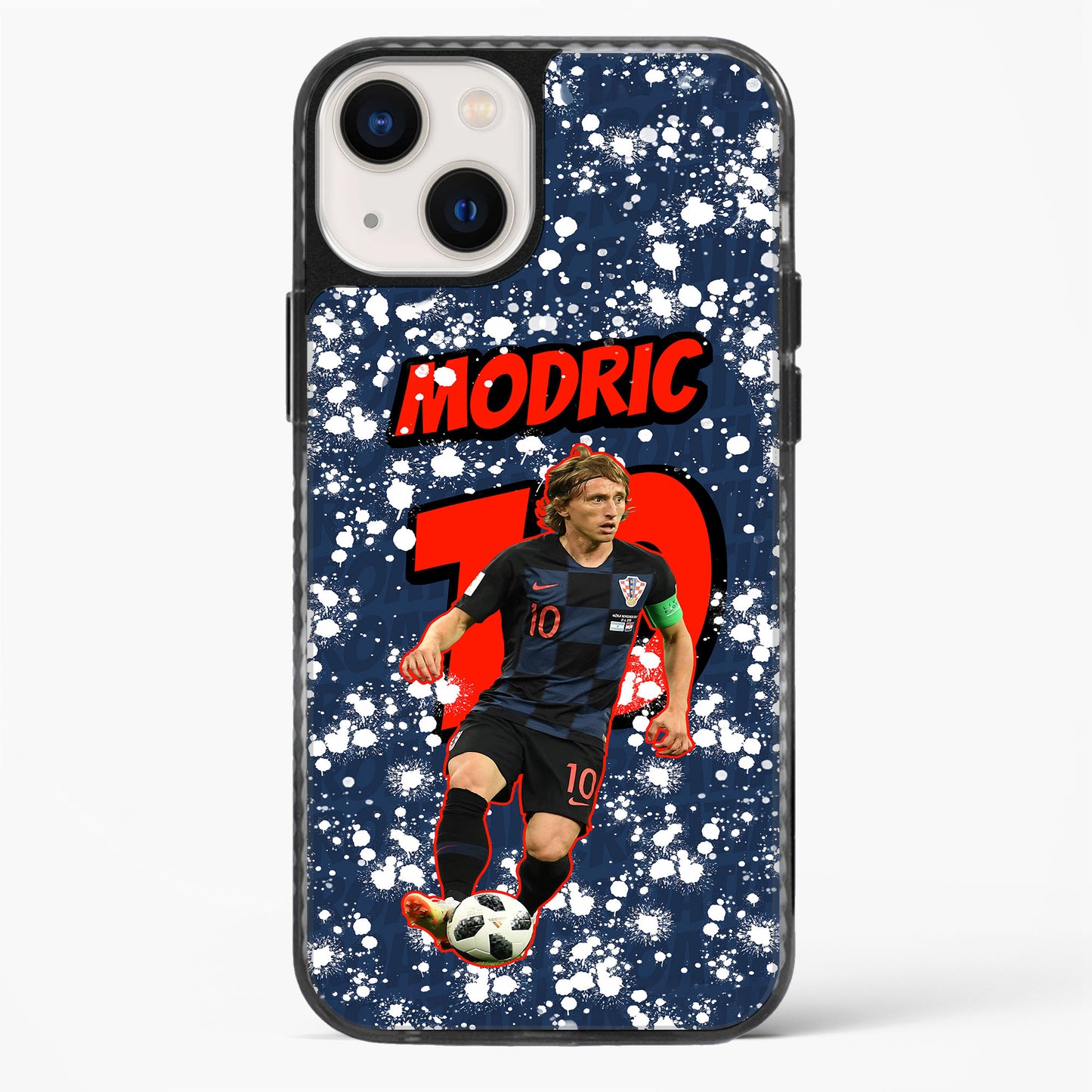 Phone case with a soccer player and 'Modric' text on a blue splatter background