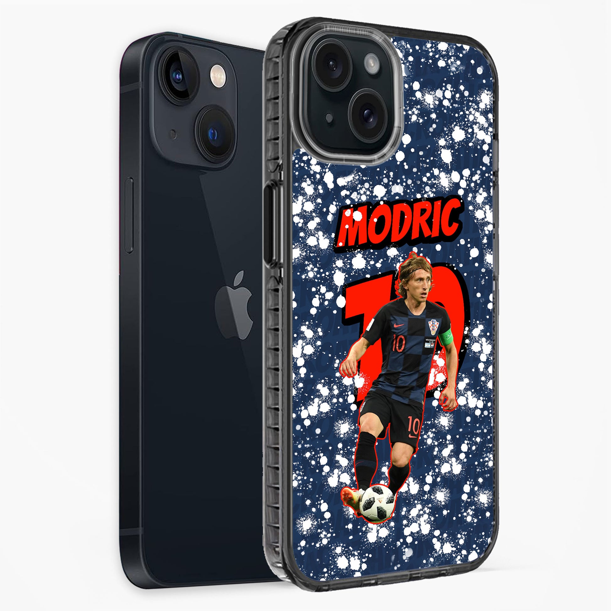 Phone case with soccer player and 'Modric' text on a dark blue background
