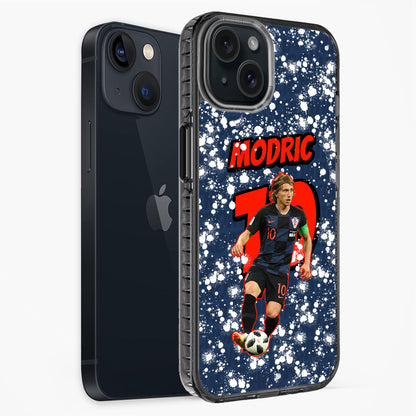 Phone case with soccer player and 'Modric' text on a dark blue background