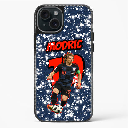 Phone case with soccer player in uniform and 'Modric' text on a blue splatter background