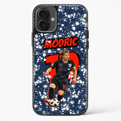 Phone case with soccer player in uniform and 'Modric' text on a blue speckled background
