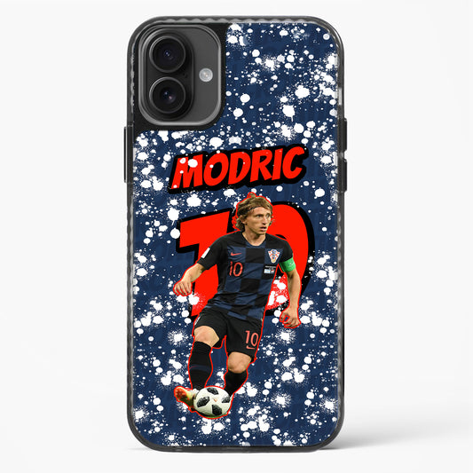 Phone case with soccer player in uniform and 'Modric' text on a blue speckled background