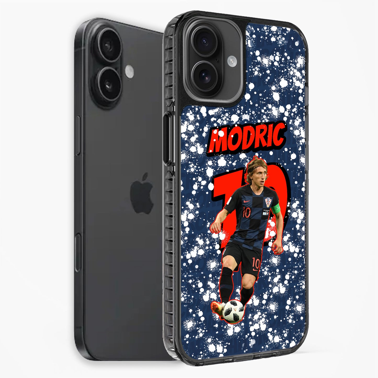 Phone case with soccer player design and 'Modric' text on a blue background