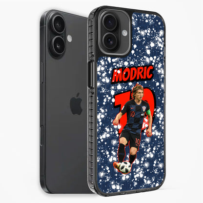 Phone case with soccer player design and 'Modric' text on a blue background