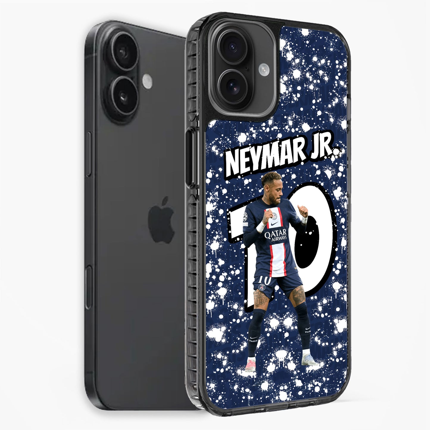 Phone case with Neymar Jr. design on a blue and white speckled background
