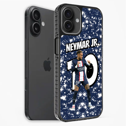 Phone case with Neymar Jr. design on a blue and white speckled background