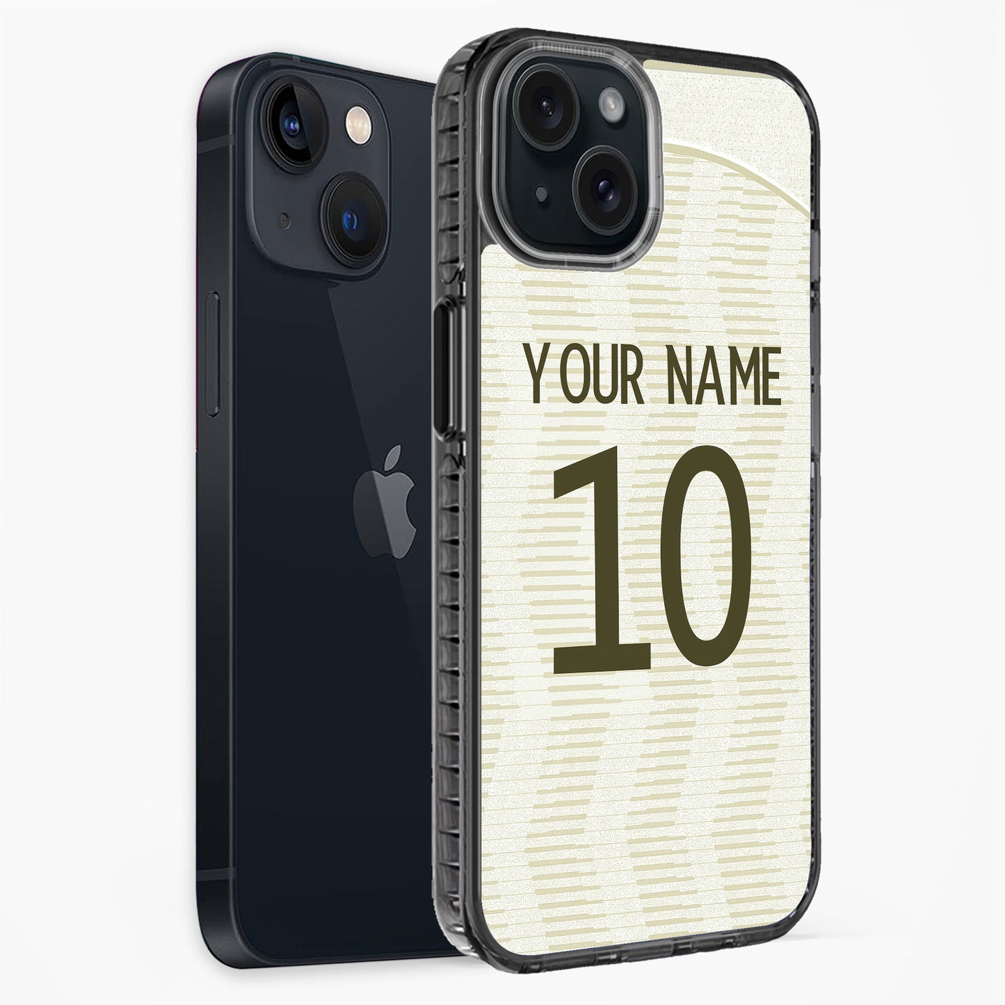 Phone case with customizable text on a white background