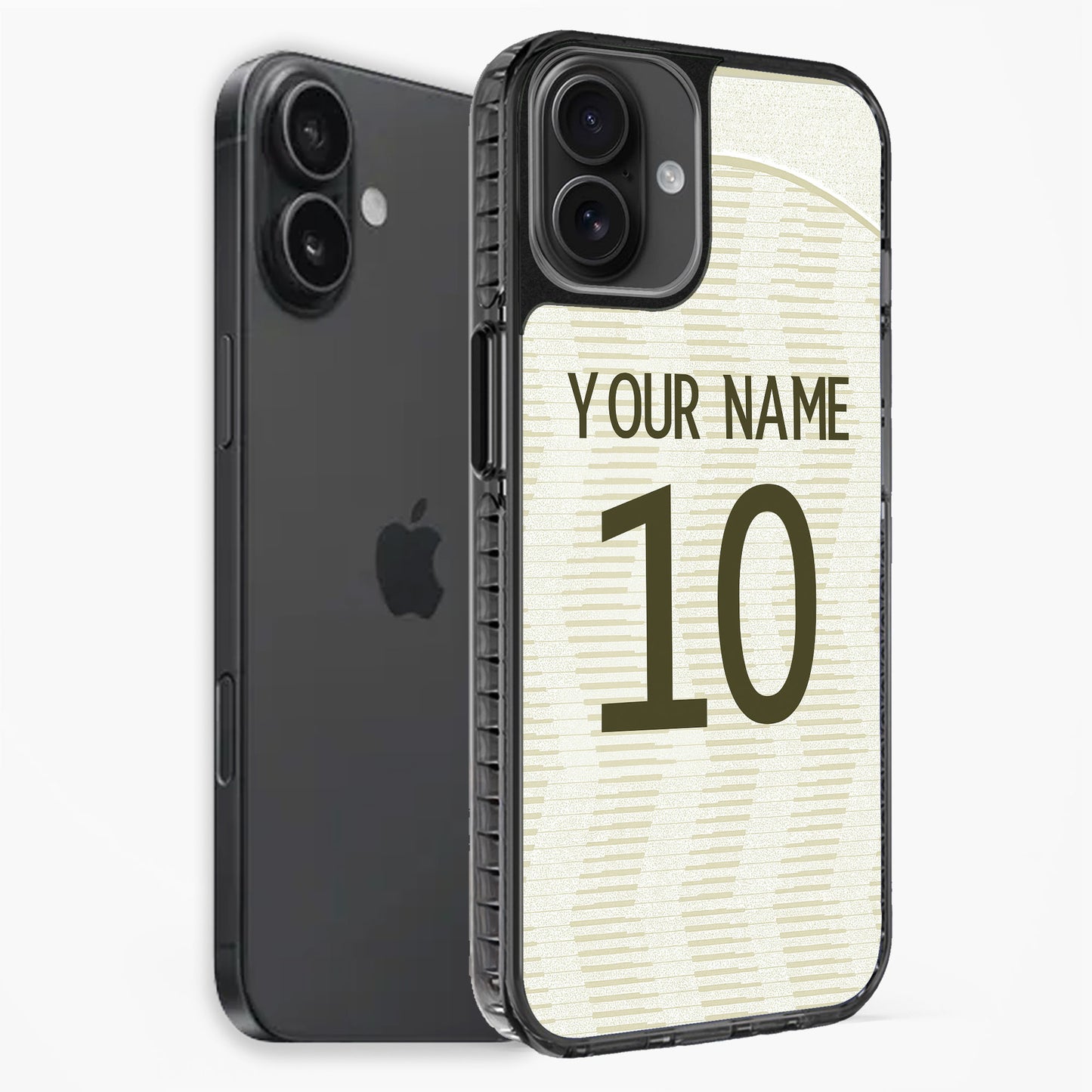 Phone case with customizable text on a white background