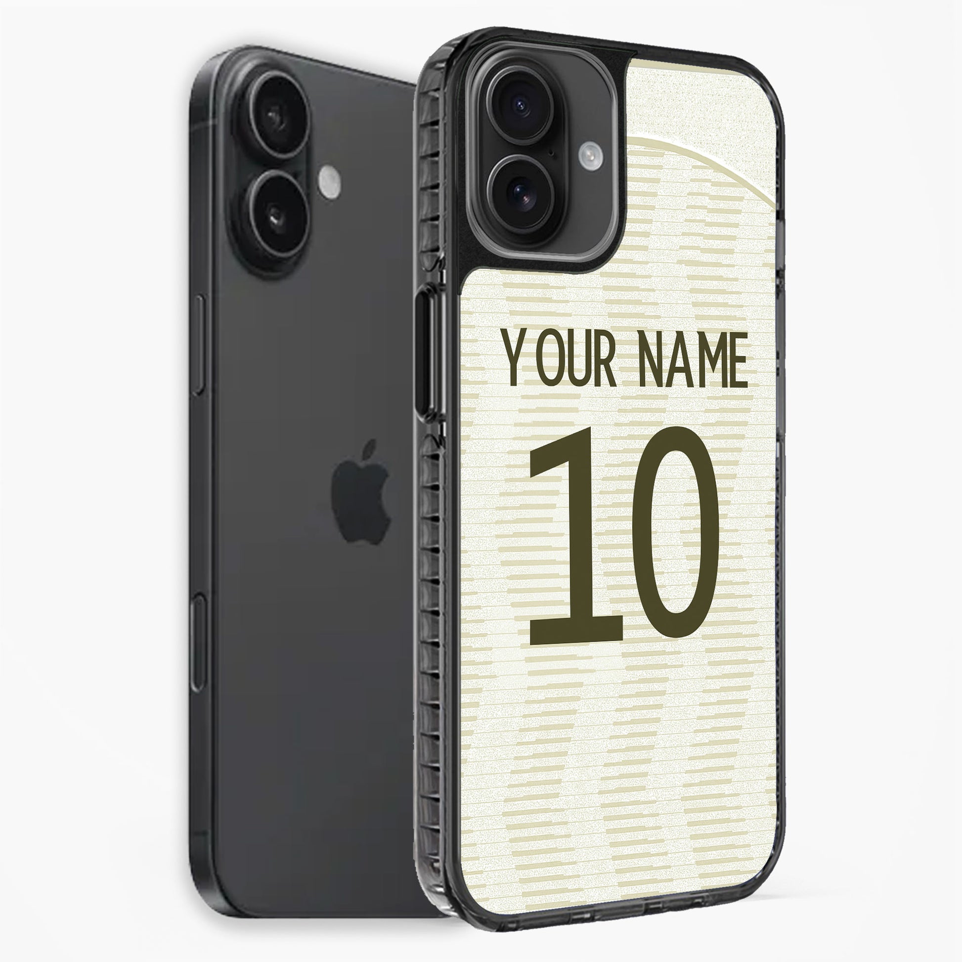 Phone case with customizable text on a white background