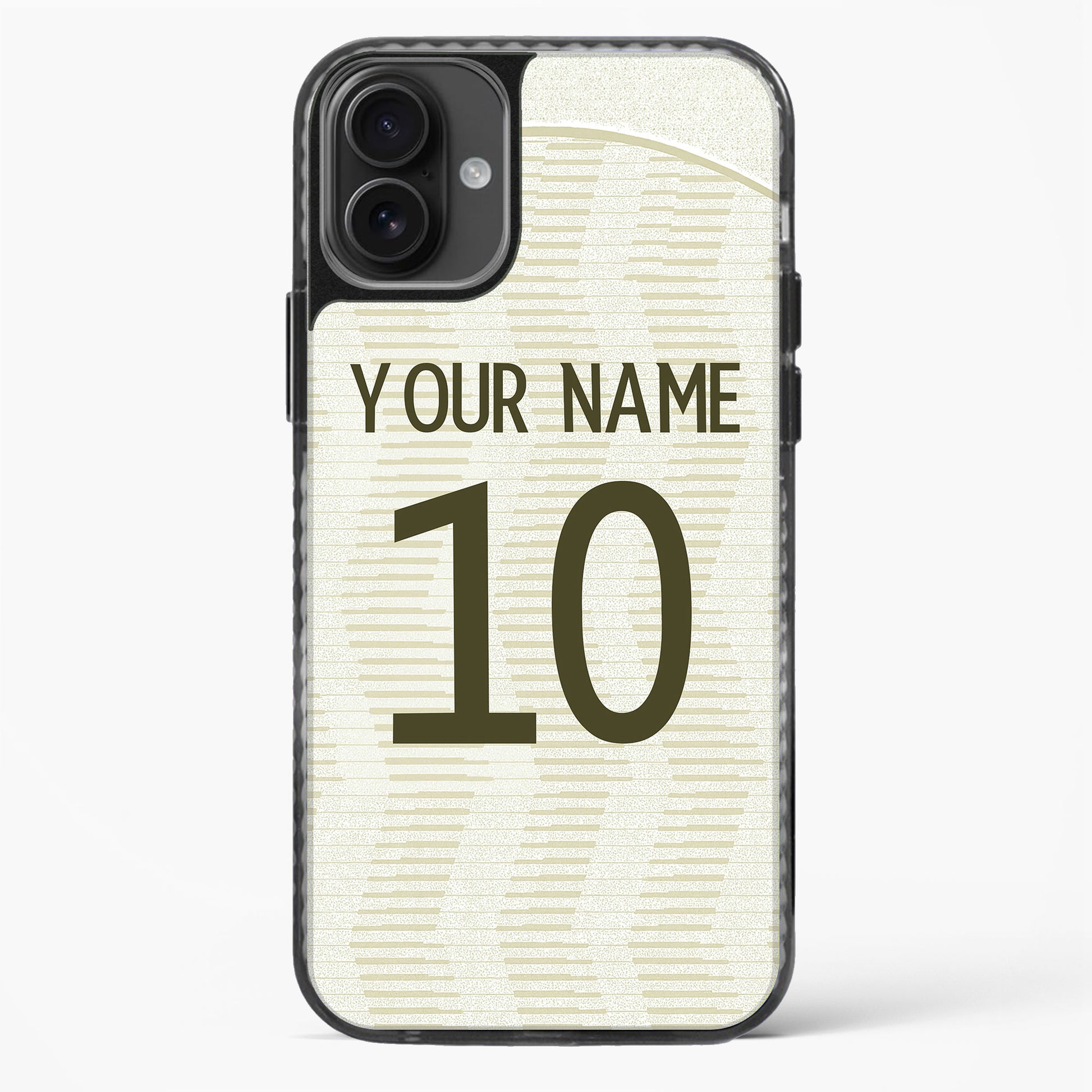 Phone case with customizable text on a white background