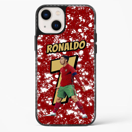 Phone case with a soccer player in a red and green uniform on a red background with white specks.