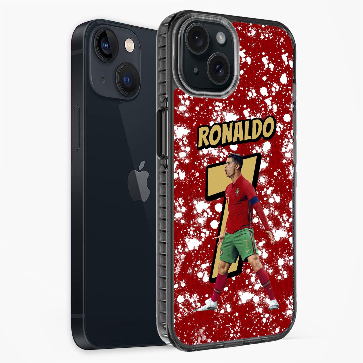 Phone case with a soccer player design and 'RONALDO' text on a red background