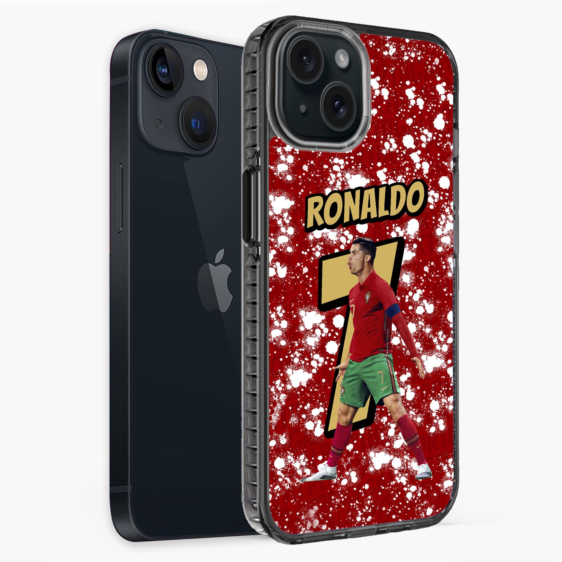 Phone case with a soccer player design and 'RONALDO' text on a red background