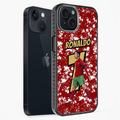 Phone case with a soccer player design and 'RONALDO' text on a red background