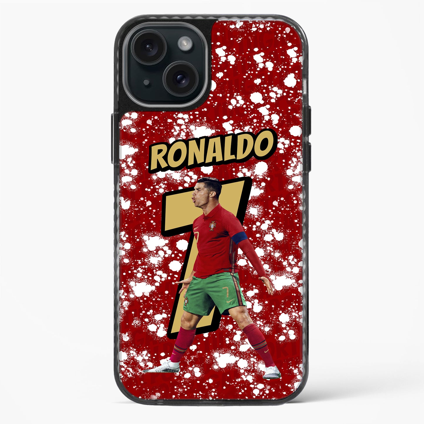 Phone case with a soccer player in a red and green uniform on a red background with white specks.