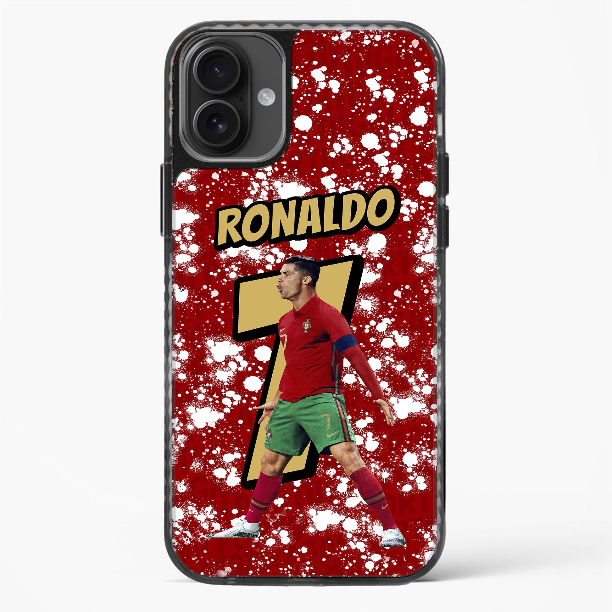 Phone case with a soccer player in a red and green uniform on a red background with white specks.
