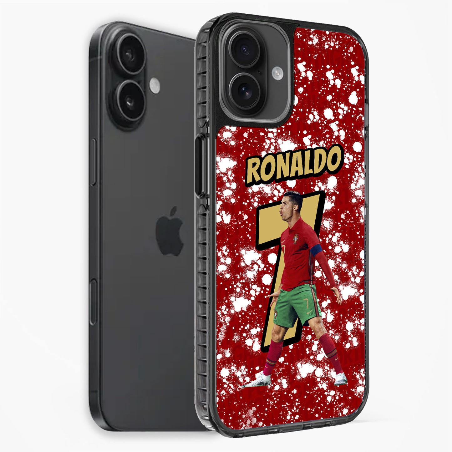 Phone case with a soccer player design and 'RONALDO' text on a red background