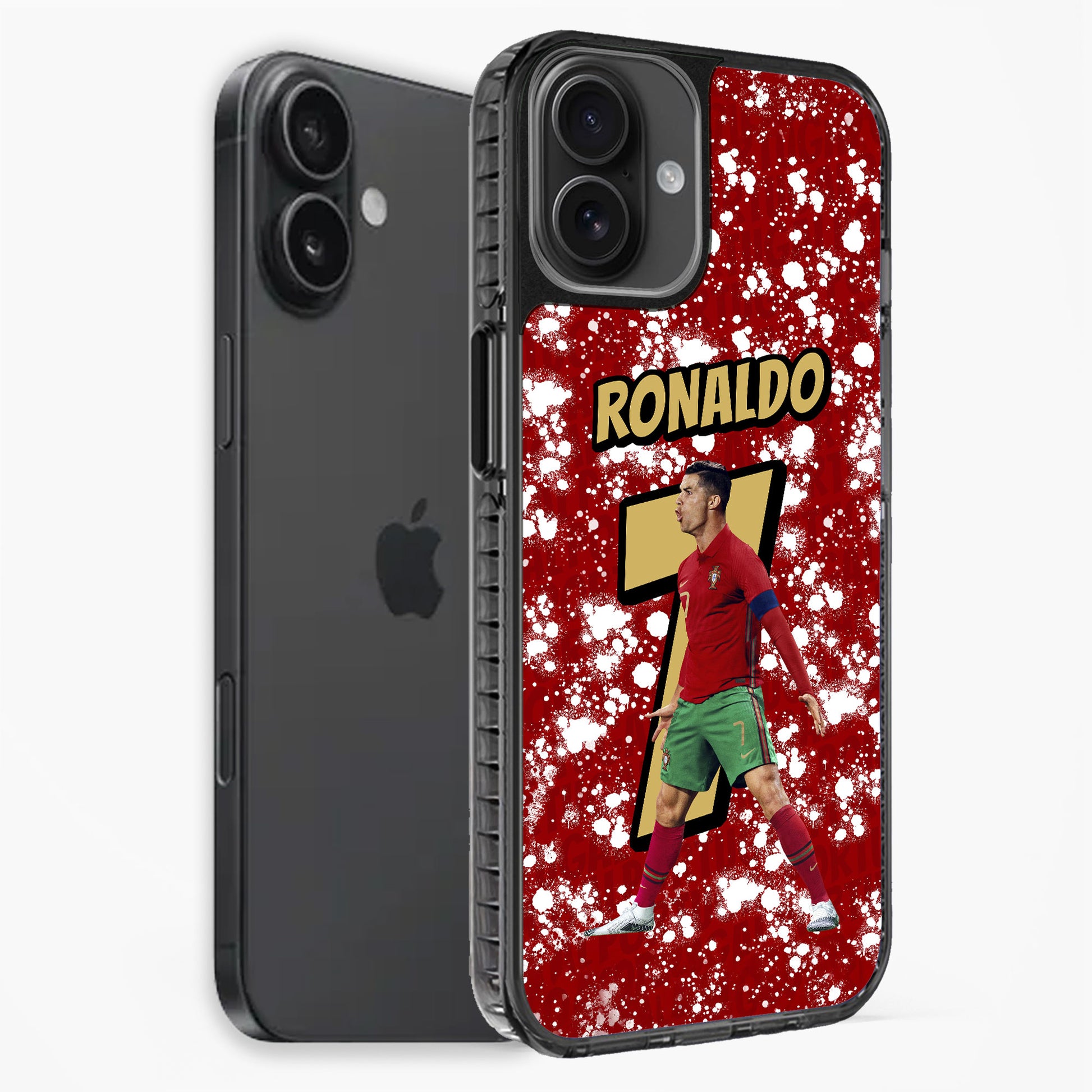 Phone case with a soccer player design and 'RONALDO' text on a red background