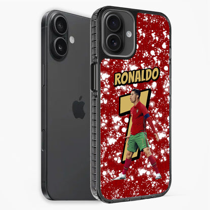 Phone case with a soccer player design and 'RONALDO' text on a red background