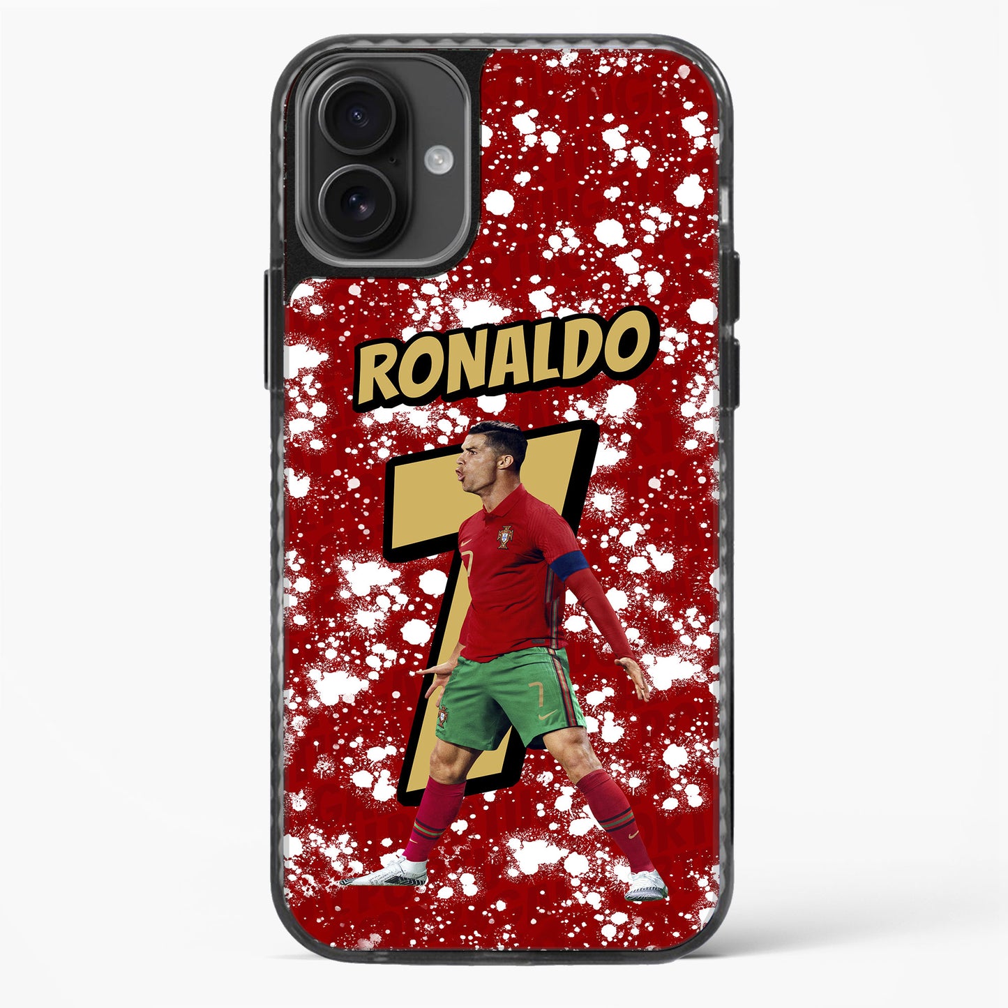 Phone case with a soccer player in a red and green uniform on a red background with white specks.